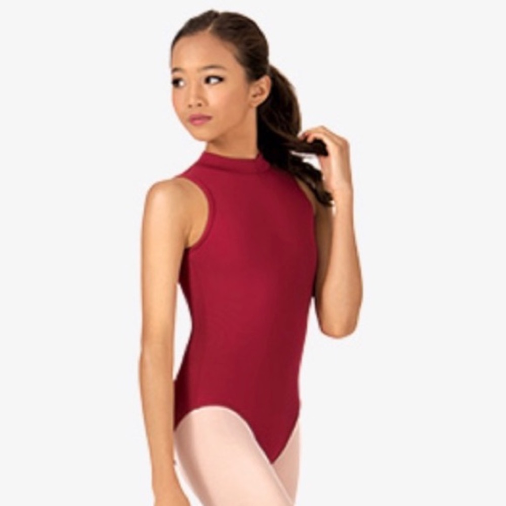 maroon deep v-back high neck tank leotard